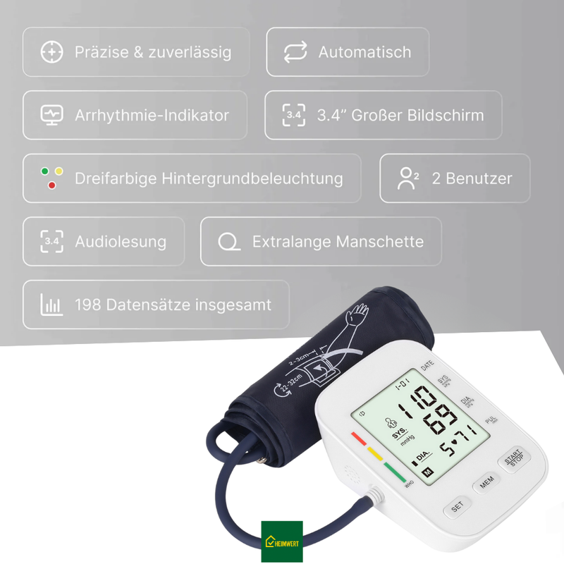 Blutdruckmessgerät mit digitalem Display / Mit komfortabler Manschette und Speicherfunktion / Blutdruck- und Pulsmessung